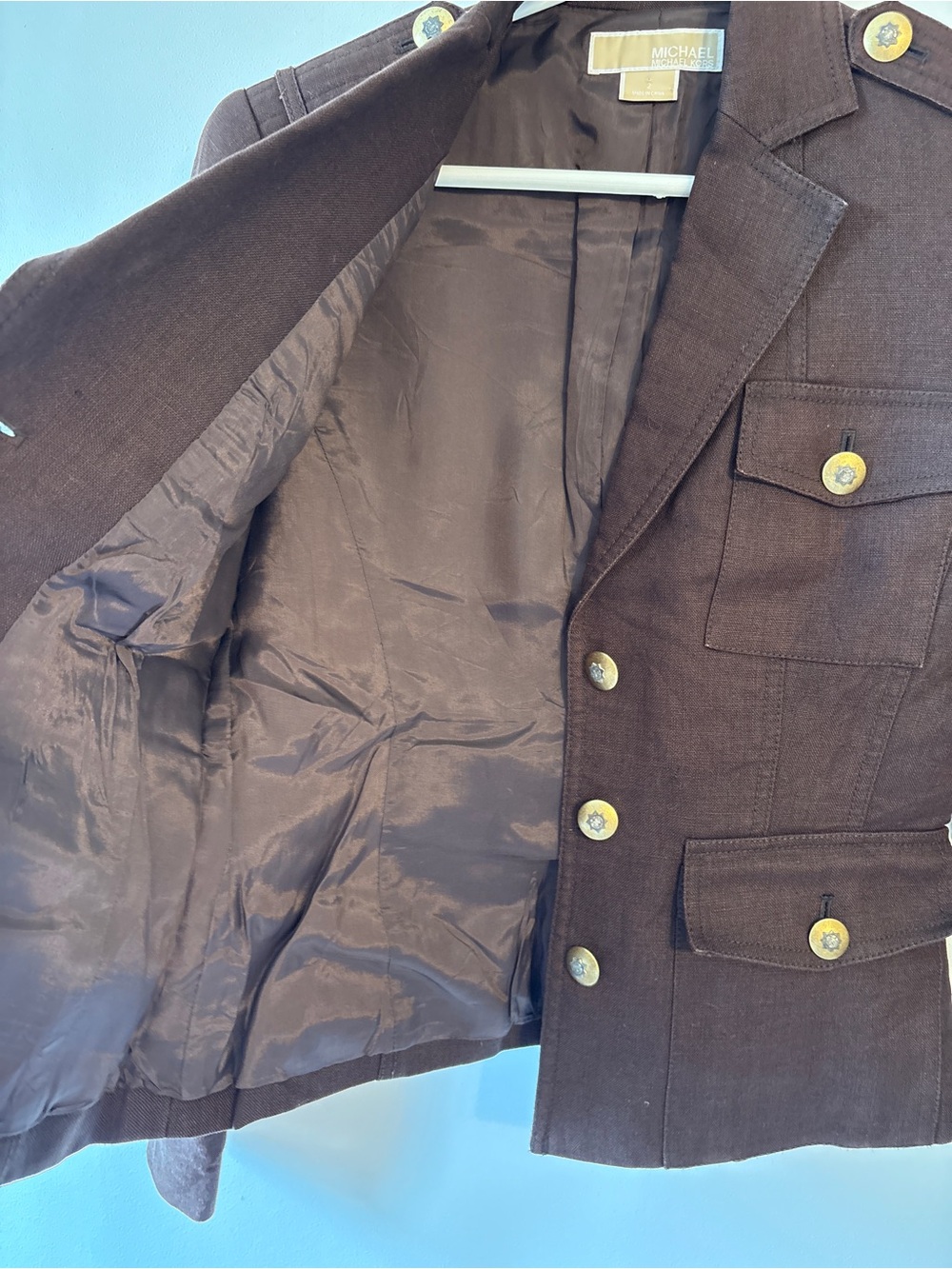 Michael Kors Military Blazer Brown Linen Jacket Gold Button Fitted Size 2 - Picture 7 of 8